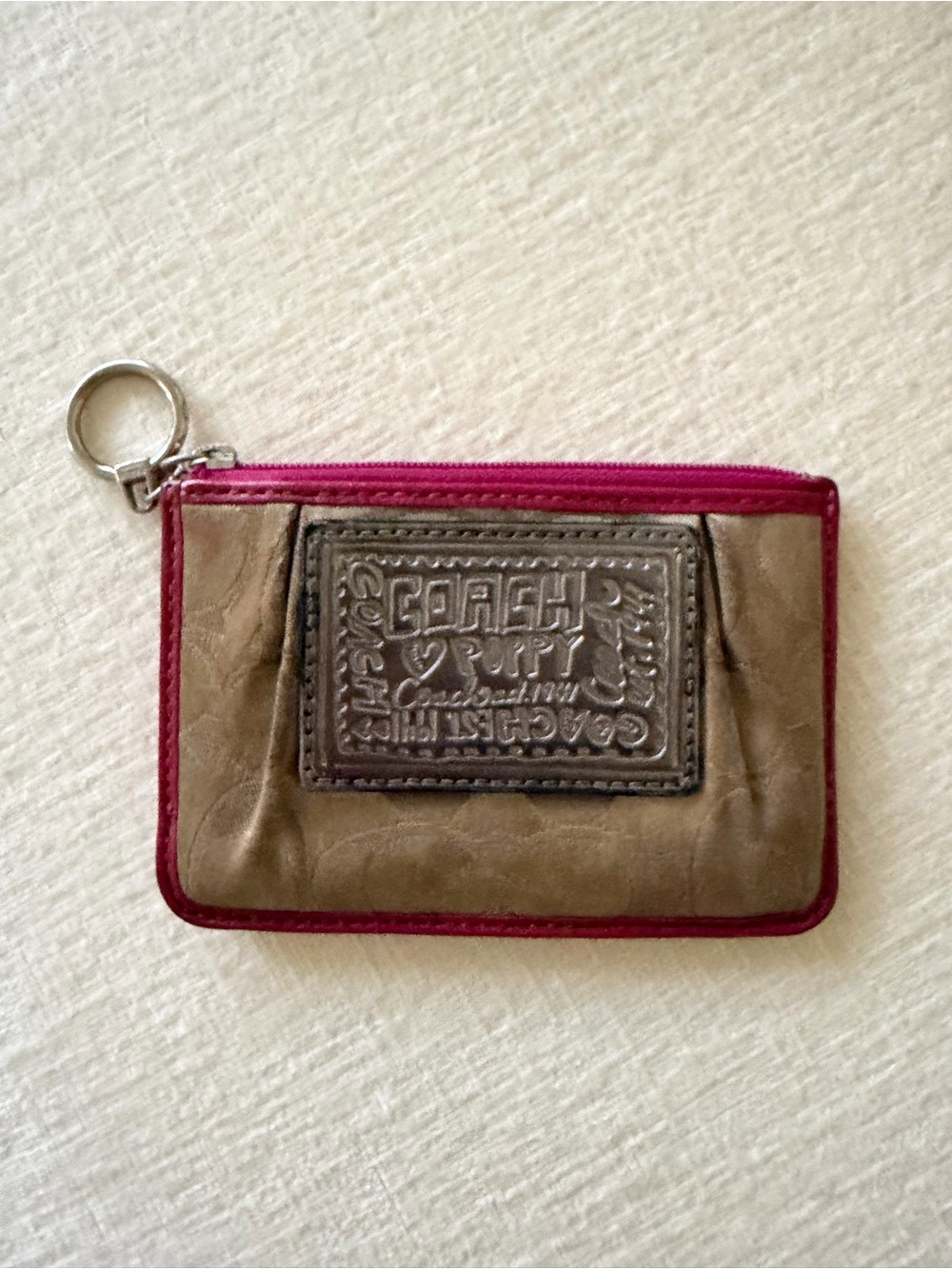 COACH Taupe Leather Key Pouch with Fuchsia Trim